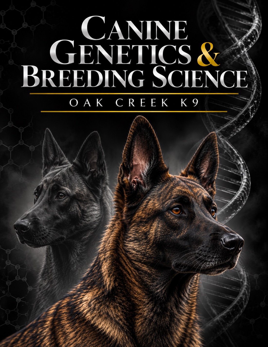 Canine Genetics & Breeding Science by Oak Creek K9 — book cover featuring Dutch Shepherds and a DNA helix