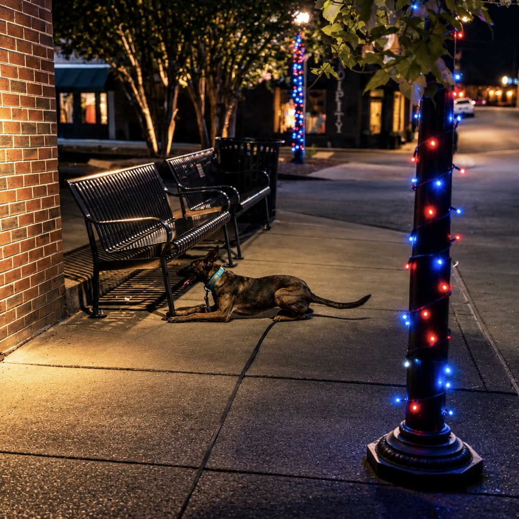 Vuurhart’s Zyara lying beside a bench on a town sidewalk at night